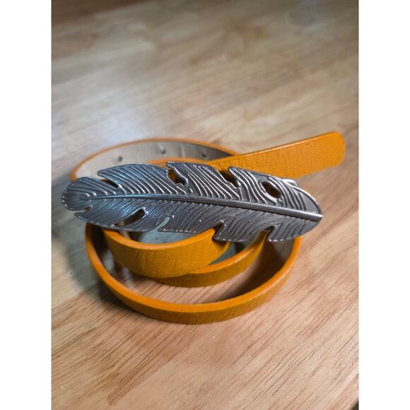 Mustard Yellow Skinny Belt With Silver Toned Feather Buckle 41" - Picture 1 of 8